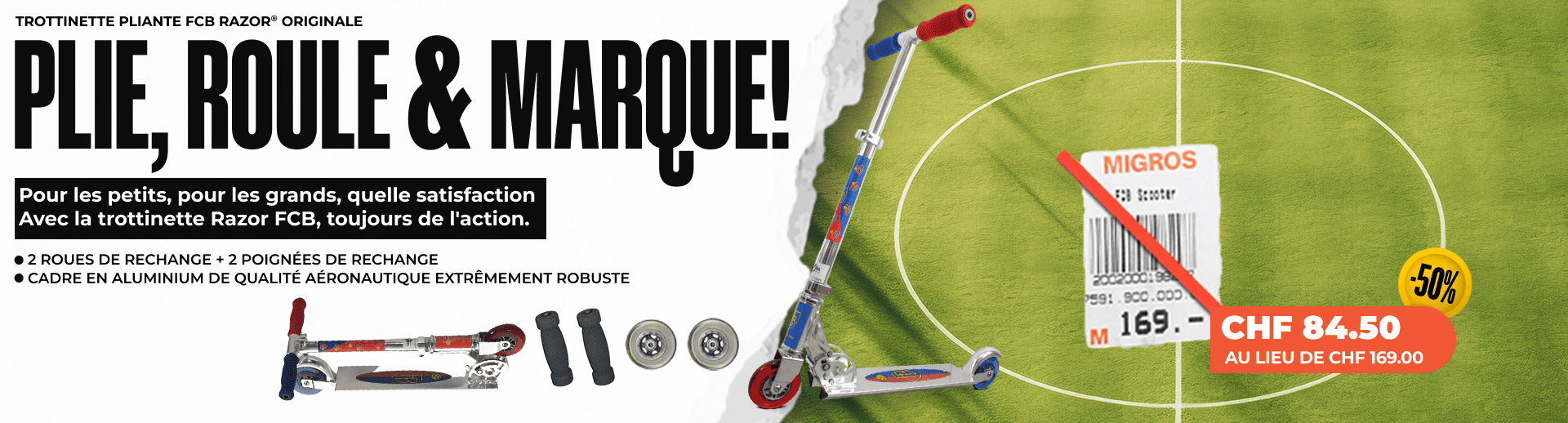 Scooter FCB-RAZOR avec 2 roues de rechange + 2 poignées de rechange Scooter FCB-RAZOR avec 2 roues de rechange + 2 poignées de rechange