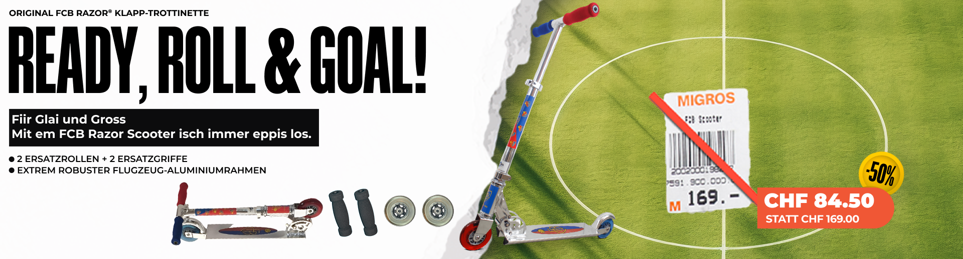 FCB-RAZOR Scooter inkl. 2 Ersatzrollen + 2 Ersatzgriffe