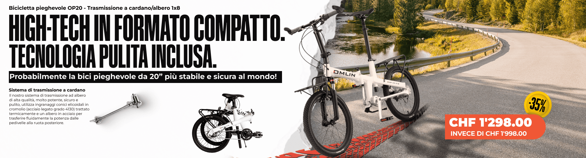 Bicicletta pieghevole OP20 - Trasmissione a cardano/albero 1x8